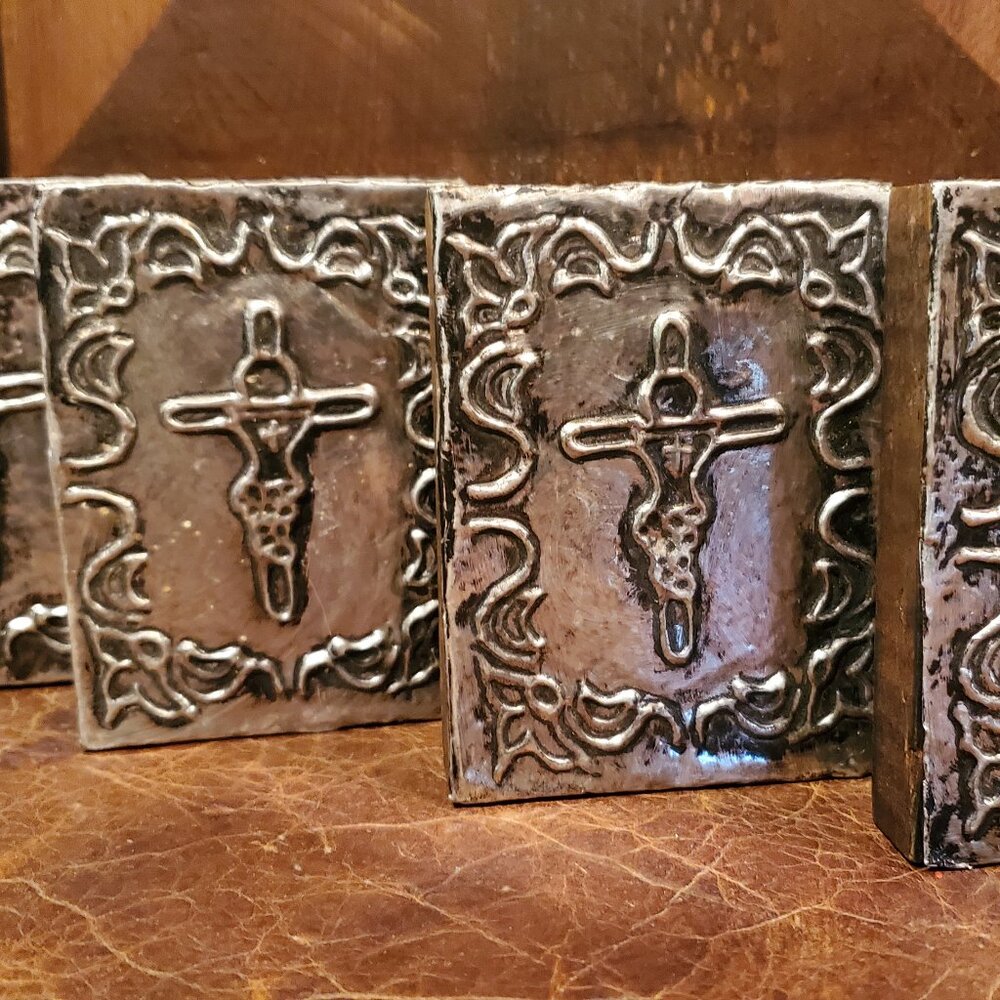 Mexican Religious Baptist Crucifixion set of 4 , Embossed in aluminum